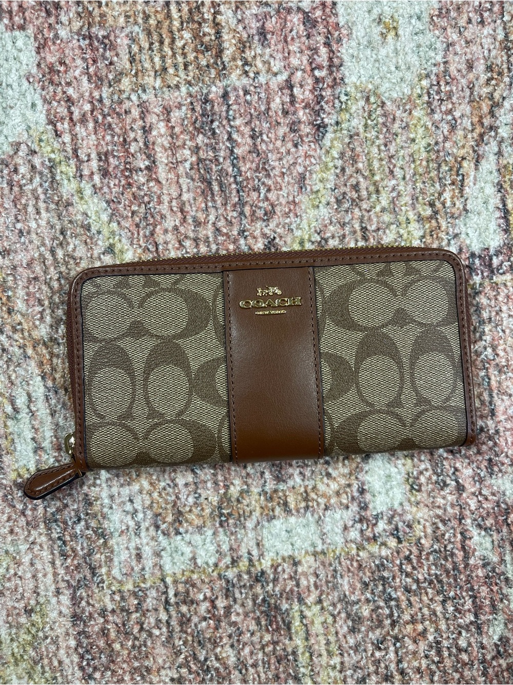Coach Signature Canvas Leather Zipper Wallet Tan
